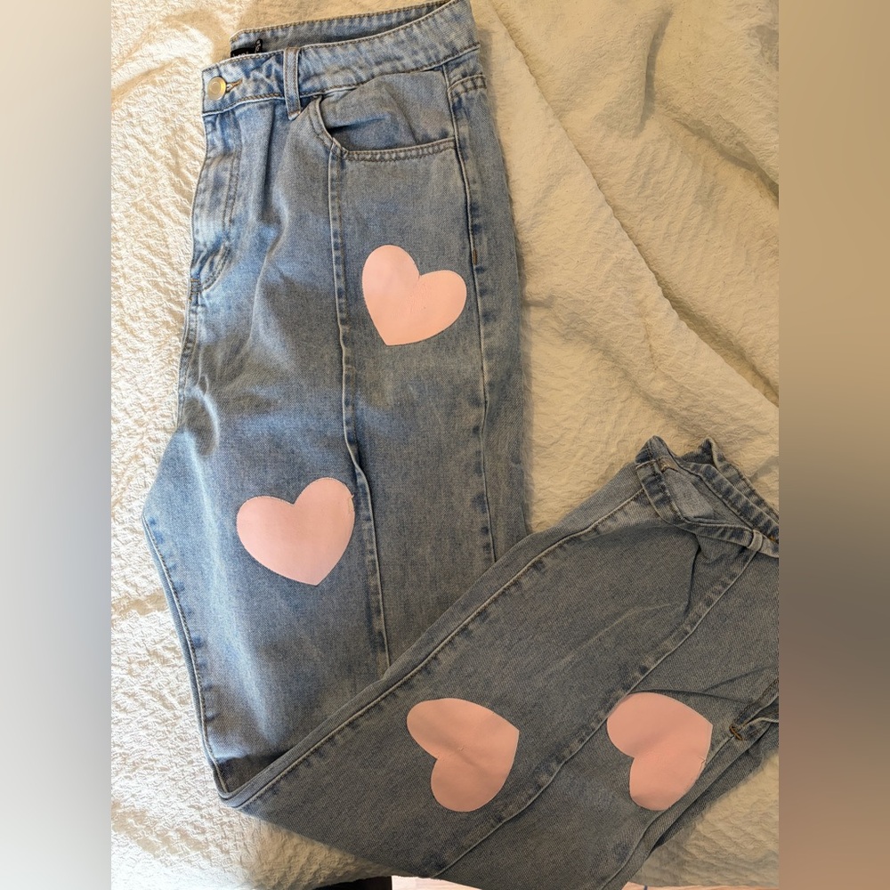 Boohoo Blue Jeans with Pink Heart Accents